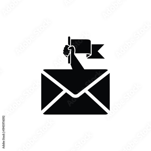 Black hand holding ribbon above envelope banner