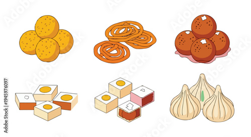 Flat lay illustration of various Indian sweets and snacks on a white background with vibrant colors.