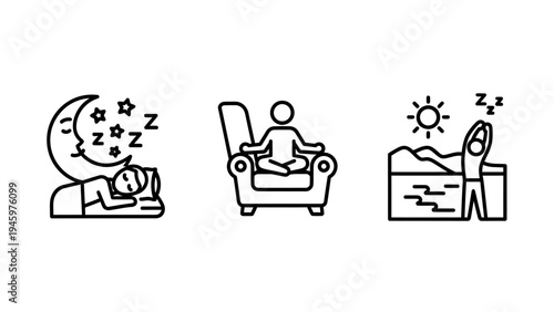Daily routine and wellness icons - sleep, meditation, and waking up for health and lifestyle concepts