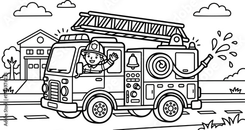 Black and white line art smiling firefighter waving from fire truck spraying water on street with houses background