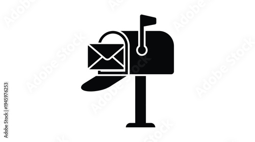 Black mailbox with envelope inside and flag raised