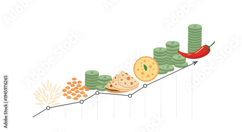 Infographic illustration of a line graph with various food items and coins, symbolizing economic growth or market trends related to food industry, on a white background.