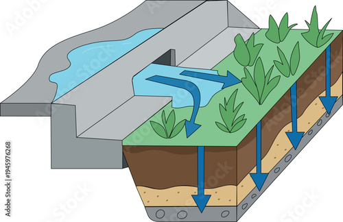 Quadro su tela Rain garden cross section diagram showing stormwater infiltration and green infr