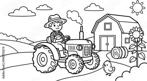 Black and white line art boy smiling driving tractor on farm near barn and sunflower with chick under sun