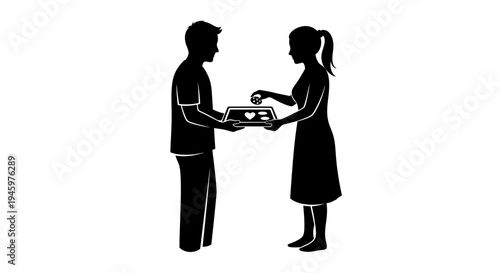 Man and woman exchanging small objects.