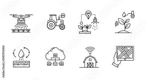 A set of eight black line icons depicting various agricultural and technological concepts on a white background.