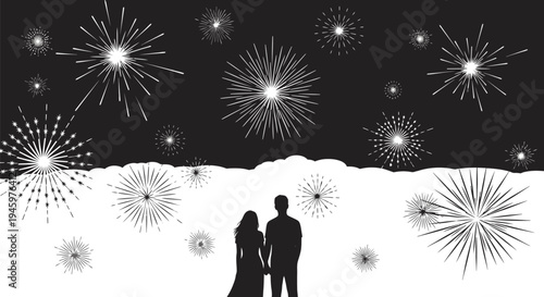 Silhouette of romantic couple watching fireworks.
