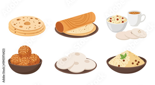 Flat lay illustration of various sweet and savory baked goods and snacks with a cup of coffee on a plain white background.