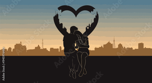Silhouette of couple making heart.