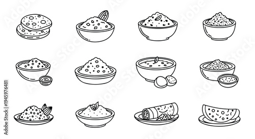 A set of black and white illustrations of various desserts in bowls and on plates with a minimalist style against a clean white background.