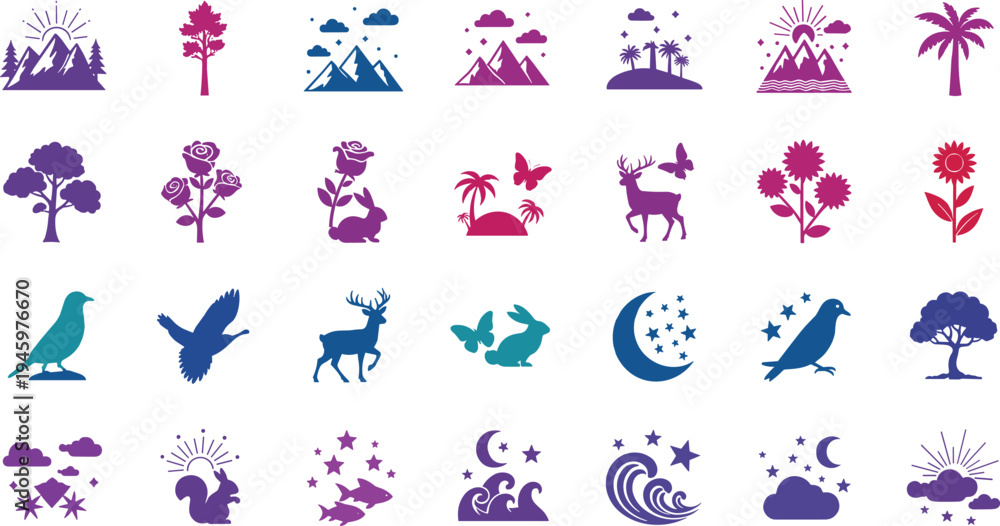 Fototapeta premium Collection of nature and wildlife icons in various colors and shapes
