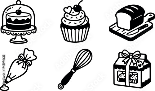 Black and white vector icons of cake under glass dome cupcake with cherry bread loaf on board whisk and gift box set