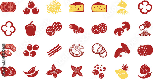 Collection of red icons for pizza ingredients on white background