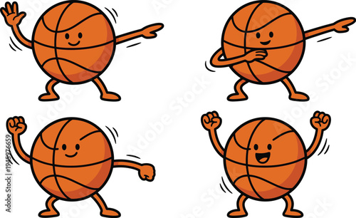 Four dancing cartoon basketballs with expressive poses and movements