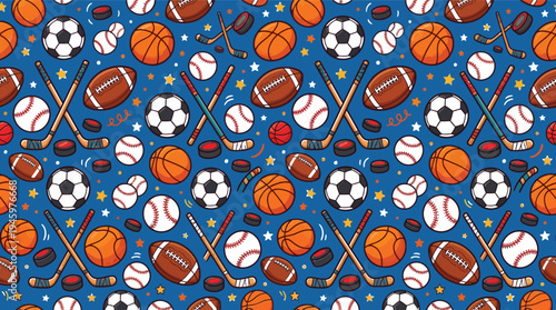 Colorful vector illustration of various sports equipment and balls on blue background with stars