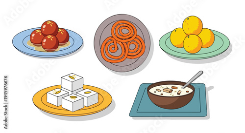 Flat lay illustration of various food items on plates and a bowl, including tomatoes, noodles, oranges, cheese cubes, and oatmeal, against a clean white background.