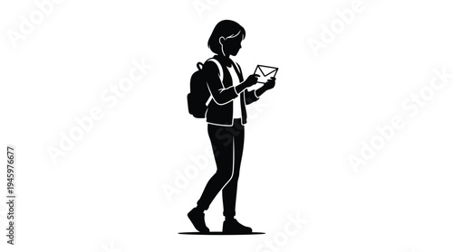 Black silhouette of a student walking while holding a letter