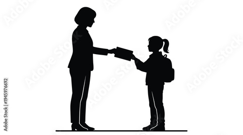 Silhouette of teacher giving envelope to student