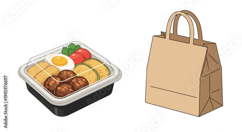 Flat lay of a takeout bag next to a bento box filled with food on a white background.