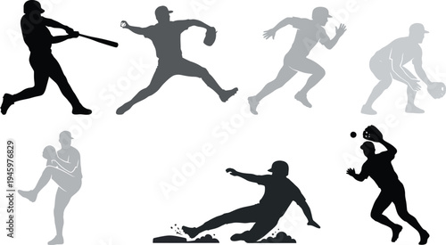 Vector baseball players in various poses and actions on the field