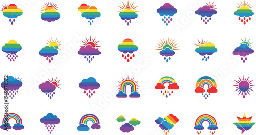 LGBTQ weather icons with rainbow colors and sun, Clouds, Rain