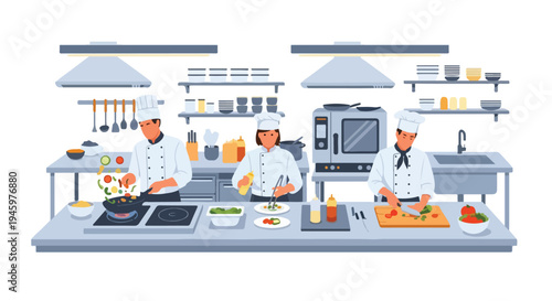 Three chefs preparing food in a commercial kitchen with various cooking utensils and appliances on a clean white background.