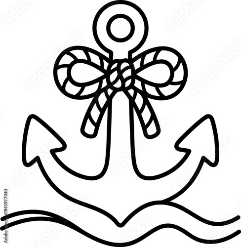 Black outline vector art of anchor with decorative rope bow and stylized water waves nautical theme minimalistic design