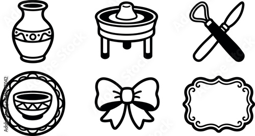 Black and white line art pottery bowl frame bow and pottery wheel simple icon set vector illustration