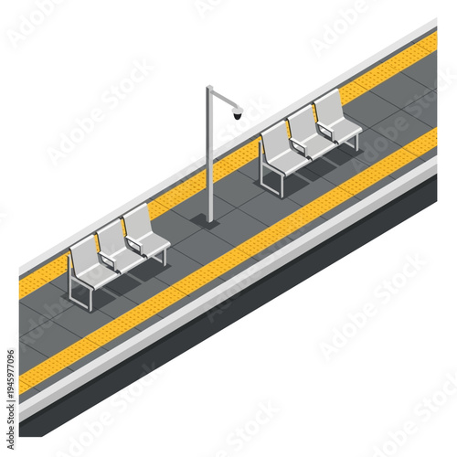 Isometric Train Station Platform with Seating and Surveillance.