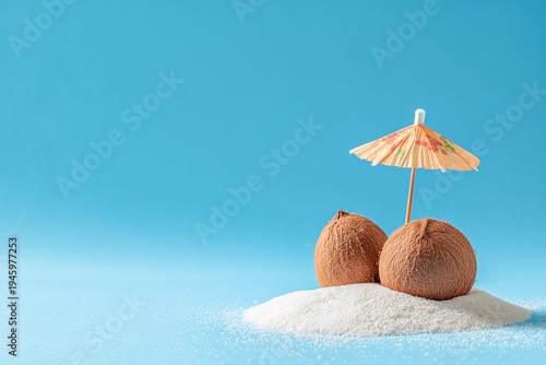 Minimalist summer concept with two coconuts and a cocktail umbrella on white sand and blue background