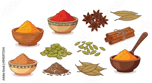 Flat lay illustration of various Indian spices and herbs arranged in bowls and scattered on a white background.