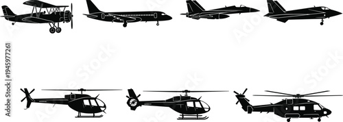 Aircraft and helicopter silhouette set, airplane aviation vector collection, military jet passenger plane transport icons isolated black design