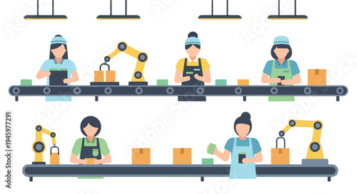 Illustration of workers and robotic arms assembling and packaging products on a conveyor belt in a factory setting with a modern and industrial mood.