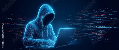 Anonymous hacker in a blue wireframe hoodie typing on a laptop with glowing data streams in the background, representing cybercrime and digital security threats