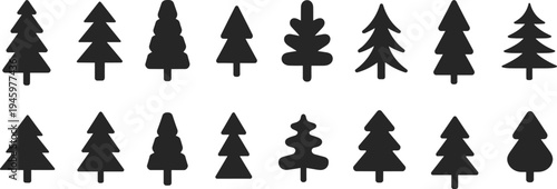 Tree silhouette illustration, stylized icons, coniferous design, deciduous figures, vegetation theme, vector art, black silhouettes, isolated, natural, diverse, decorative