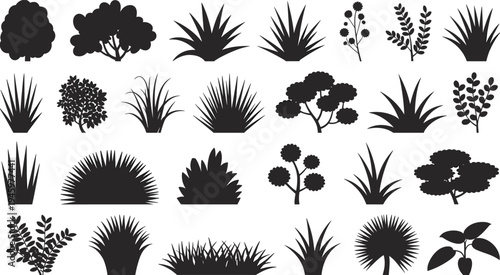 Plant silhouette illustration, tree icons, shrub figures, grass designs, vegetation collection, botanical theme, vector art, black silhouettes, isolated, natural, diverse