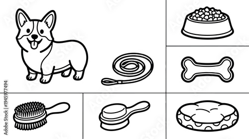 Black and white line art corgi dog standing with leash bone food bowl brush and bed accessories vector icons set