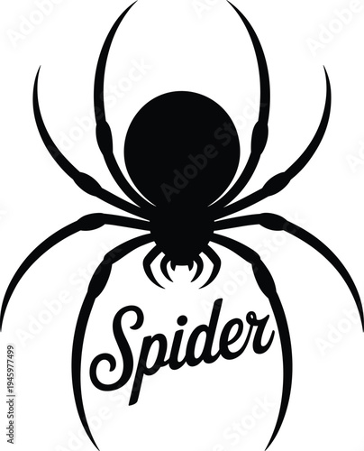 Spider silhouette illustration, arachnid design, eight legs, bold contrast, logo style, vector art, black silhouette, isolated, symmetrical, striking, thematic