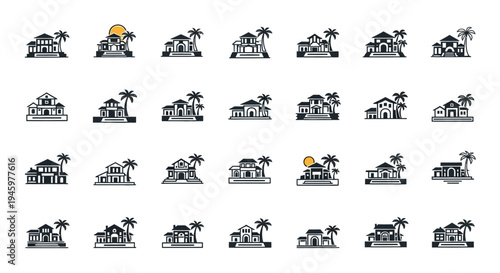 Collection of various house icons with palm trees.