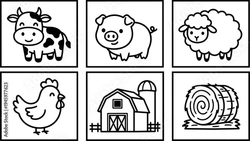 Cute black and white line art farm animals including cow pig sheep chicken with barn and hay bale vector icons set