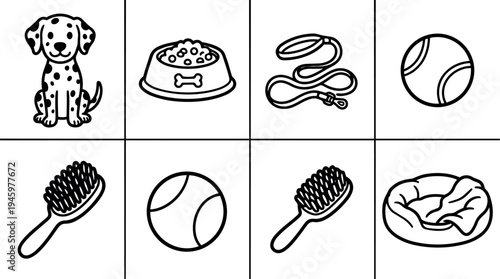Black and white vector icons of dalmatian dog puppy dog bowl leash tennis ball dog brush and pet bed set