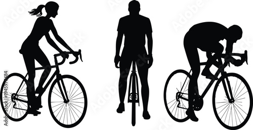Cyclist silhouette illustration, bicycle posture, casual riding, racing style, urban sport theme, vector art, black silhouettes, isolated, dynamic, athletic, balanced