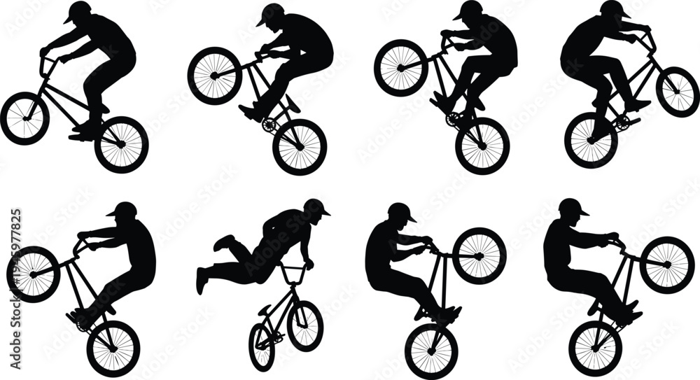Fototapeta premium Energetic BMX rider silhouettes performing freestyle tricks, showcasing jumps, wheelies, and dynamic stunts in bold black illustration for extreme sports and design themes.