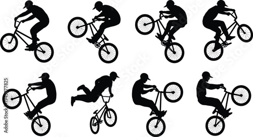 Energetic BMX rider silhouettes performing freestyle tricks, showcasing jumps, wheelies, and dynamic stunts in bold black illustration for extreme sports and design themes.