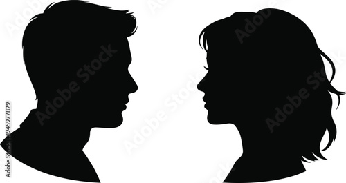 Detailed male and female profile silhouettes facing each other, symbolizing communication, psychology, human interaction, and relationship themes in bold black minimalist illustration.
