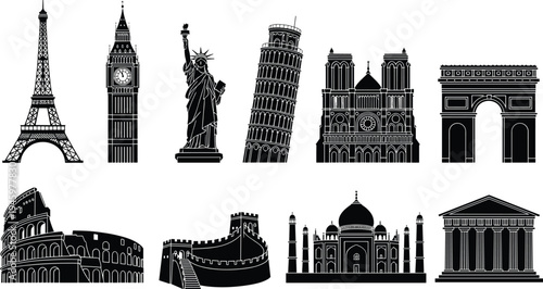 Famous world landmarks silhouette collection, Eiffel Tower Big Ben Statue of Liberty Taj Mahal Colosseum travel architecture vector illustration set