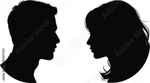 Contrasting male and female profile silhouettes facing each other, symbolizing human interaction, communication, and relationship themes in bold black minimalist illustration.