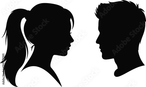 Minimalist male and female profile silhouettes facing each other, symbolizing communication, interaction, contrast, and human connection in bold black illustration for design themes.