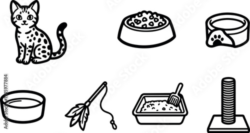 Simple black and white vector icons of spotted cat food bowls cat toy litter box and scratching post pet care supplies collection illustration