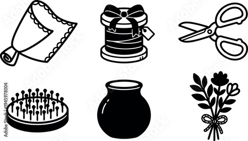 Black and white vector icons set including lace ribbon scissors pin cushion sewing spool and flower bouquet design with simple minimal style